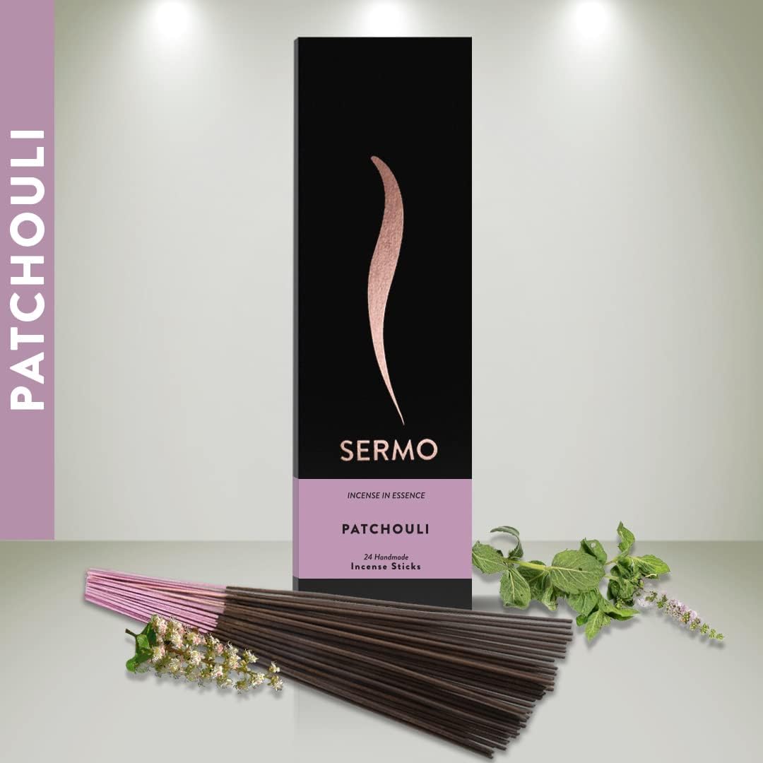 Sermo Premium 24 Incense Sticks Hand Rolled Low Smoke Perfect for Aromatherapy, Meditation, Relaxation, Positivity, Calming (Patchouli)