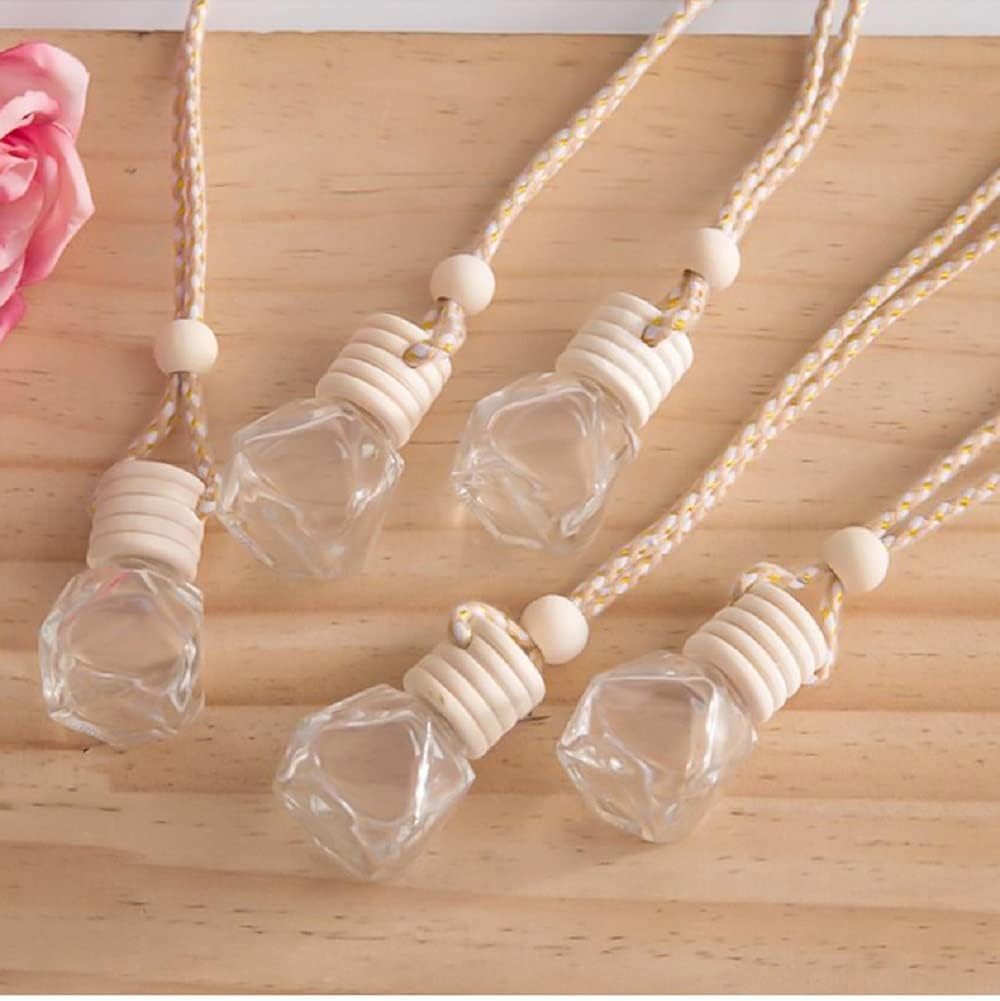 4Pcs 8ml Hanging Car Air Freshener Bottle Scent Essential Oil Car Diffuser with Wooden Cap Glass Vial Pendant for Aromatherapy