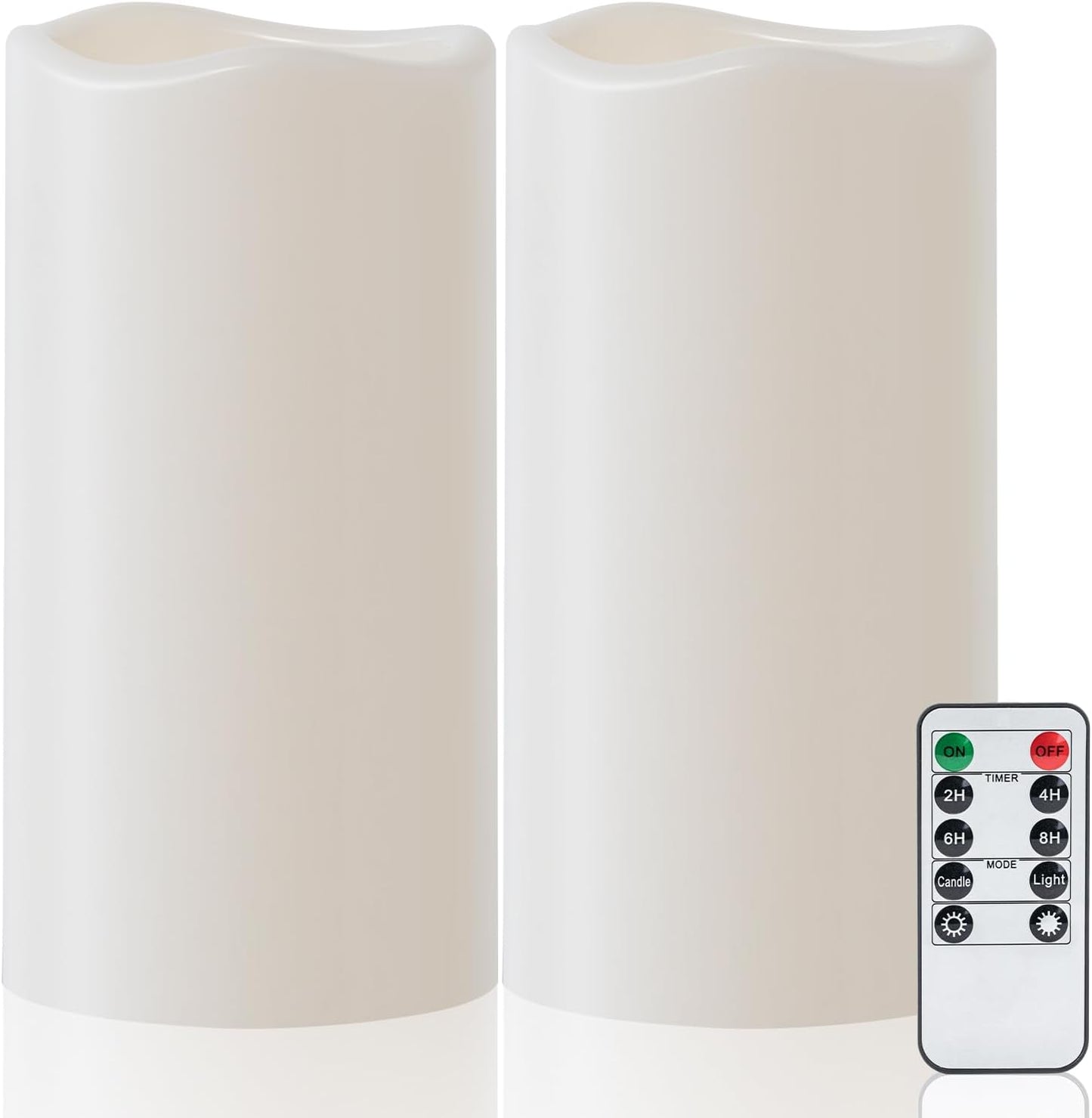 Amagic 2 Pack 8" x 4" Outdoor Plastic Electric flameless Candles with Remote Control and Timer, Battery Operated Flickering LED Pillar Fake Candle for Home, Wedding Decor, Ivory