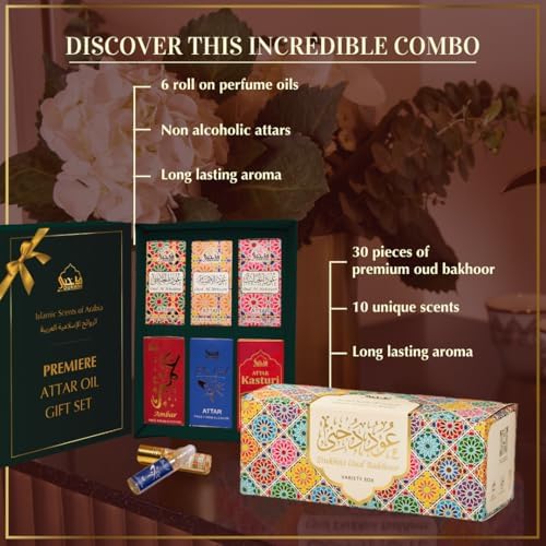 Oud Bakhoor Variety Box & Premiere Attar Oil Set by Dukhni | Authentic Arabic Incense & Fragrance Oils | 30 pcs bakhoor & 6 attar bottles | Luxurious Long-lasting Assorted Scents | Great Ramadan Gifts