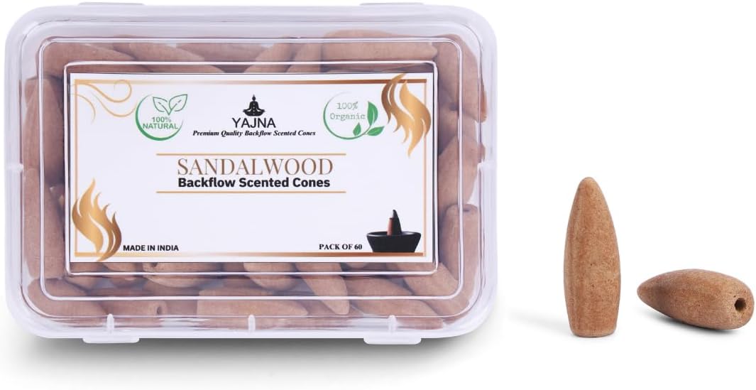 Yajna Sandalwood-100%-Natural-Incense-Backflow-Cones-for-Waterfall Handmade-Organic-Chemicals-Free for-Purification-Relaxation-Positivity-Meditation The-Best-scents-60-Count