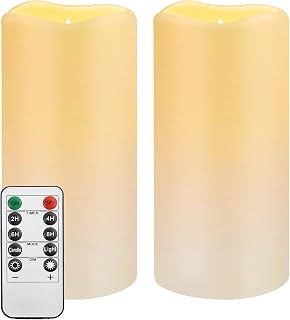 Waterproof Flameless Remote Control Candles 2PACK(D3''*H5.5'')Battery Operated Flickering LED Pillar Candle,plastic with 10-Key 24Hours Timer for Outdoor/Indoor Party Garden Lanterns Porch Ivory
