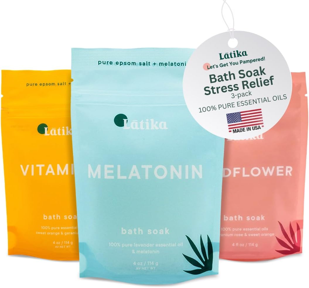 Latika Bath Soak Stress Relief Set of 3 - Wildflower, Melatonin, Vitamin C - Moisturizing Bath Soak with Epsom Salt & Essential Oils for Stress Relief, Muscle Recovery, & Relaxation - At-Home Spa