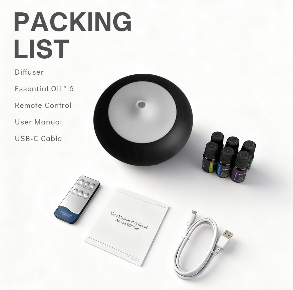 550ml Large Capacity Essential Oil Diffuser with 6 Essential Oil Set, Aromatherapy Ultrasonic Air Humidifier with Timer Setting, 7 Color LED Night Light and Waterless Auto-Off Functions for Home, Spa