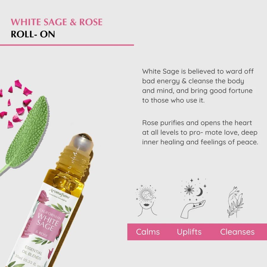 White Sage & Rose Essential Oil Roll-On Blend by Aromafume | 10ml/0.33 fl oz | Aromatherapy Oil for Cleansing Negative Energy & Protection | Ethically sourced sage Oil for smokeless smudging