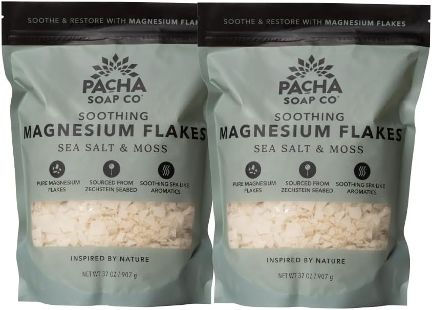 Pacha Soap Co. Magnesium Flake Salt Soak - Sea Salt & Moss, Soothing Mineral Bath Soak with Magnesium & Sea Salt, Paraben, Sulfate, and Dye-Free, Handcrafted in The USA, 2-Pack, 32 oz Each