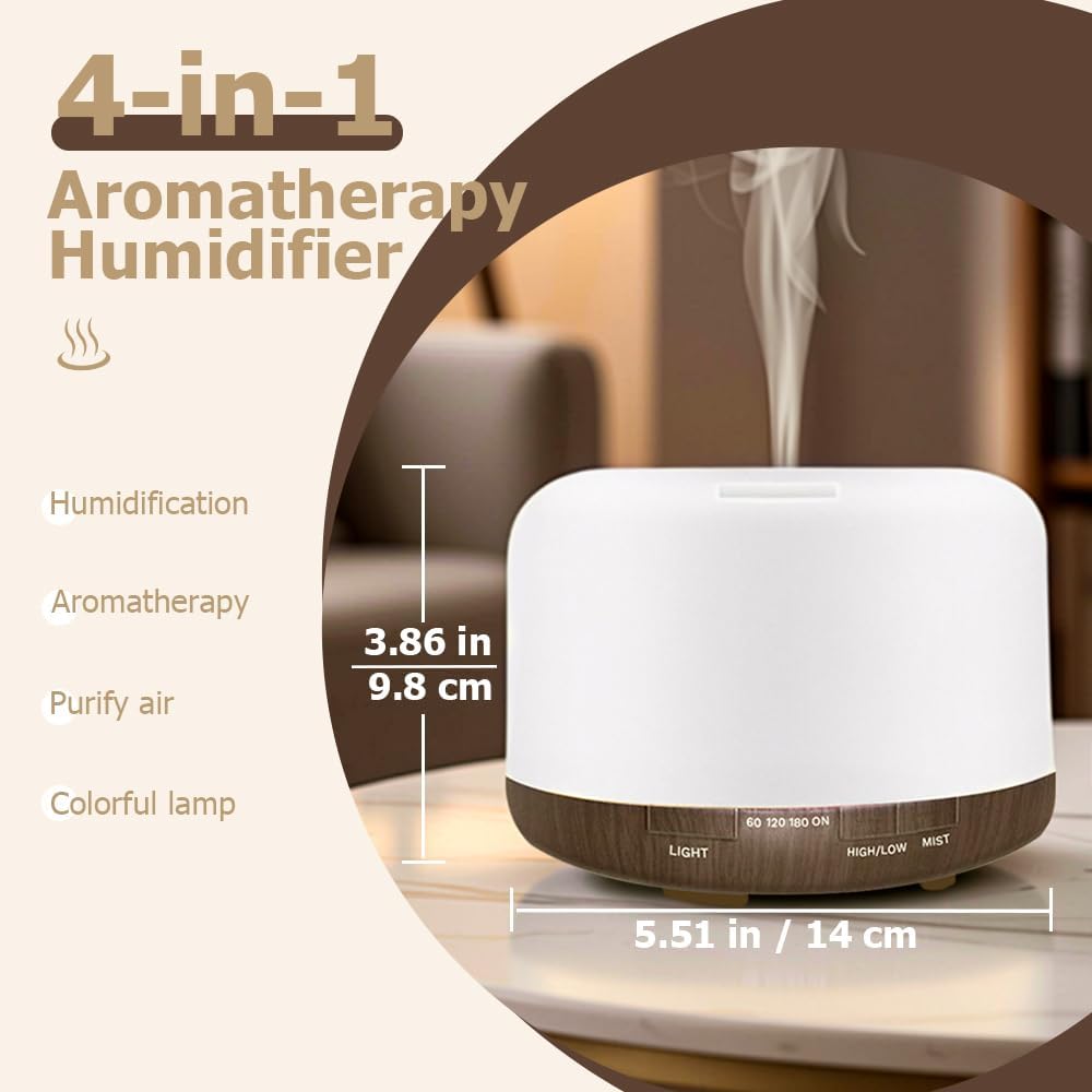 500ml Essential Oil Diffuser,Quiet 4-in-1 Ultrasonic Aromatherapy Humidifier,7 Color LED Lights,Timer & Auto-Off,BPA Free,Large Capacity Room Fragrance(Deep Woodgrain, Mini Model)
