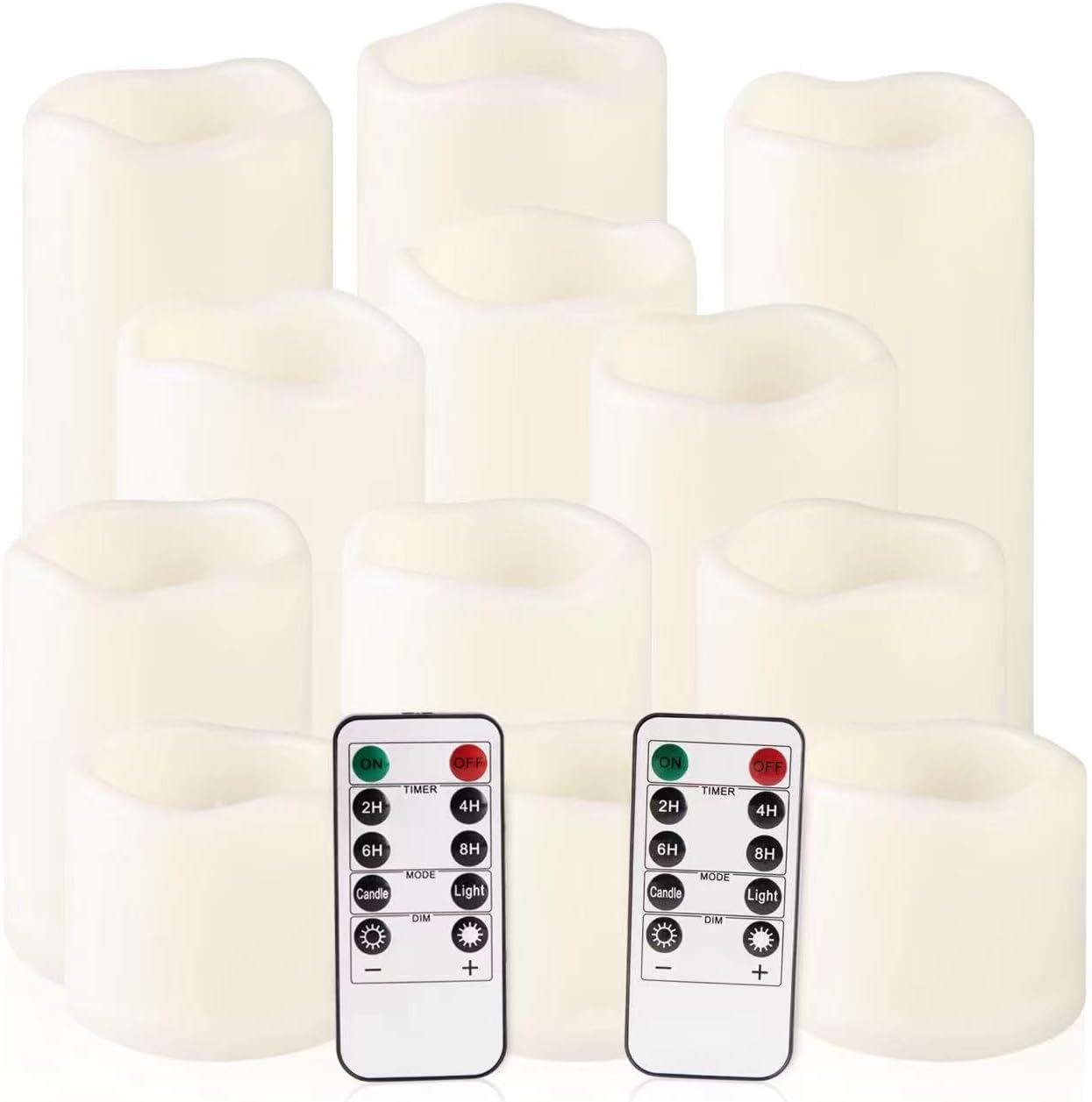Enpornk Flameless Battery Operated Outdoor Waterproof Set of 12(D: 3" x H: 3" 4" 5" 6") Pillar LED Candles with 10-Key Remote and Cycling 24 Hours Timer
