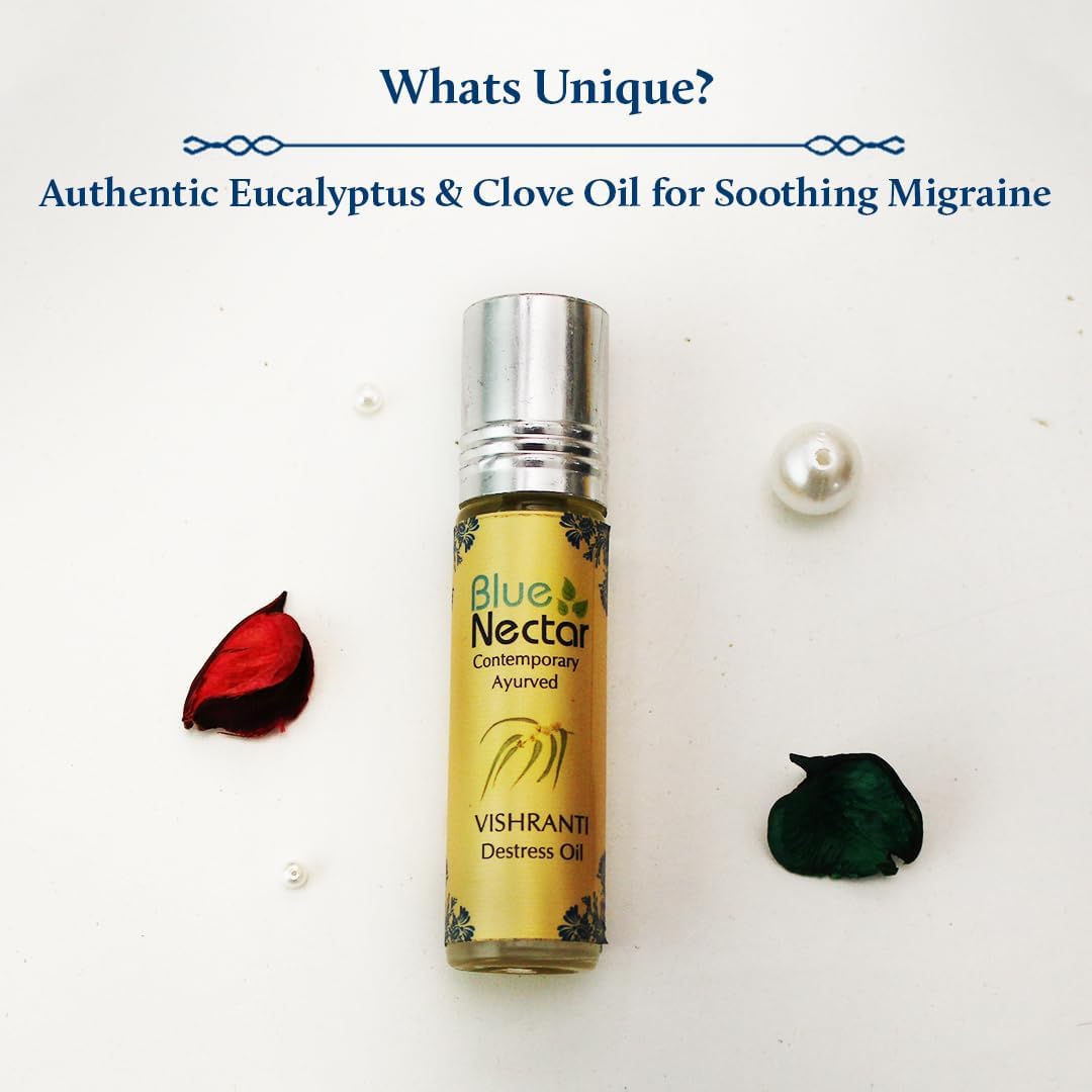 Blue Nectar Vishranti Destress Roll on and Meditation Oil with Cinnamon, Clove, Ginger, Mint Essential Oils (9 Herbs, 0.3 Fl oz)