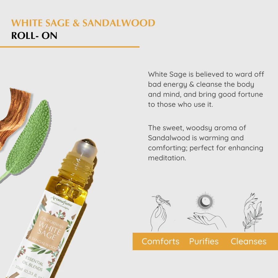 White Sage & Sandalwood Essential Oil Roll-On Blend by Aromafume | 10ml/0.33 fl oz | Aromatherapy Oil for Cleansing Negative Energy & Protection | Ethically sourced | Sage Oil for Smokeless Smudging