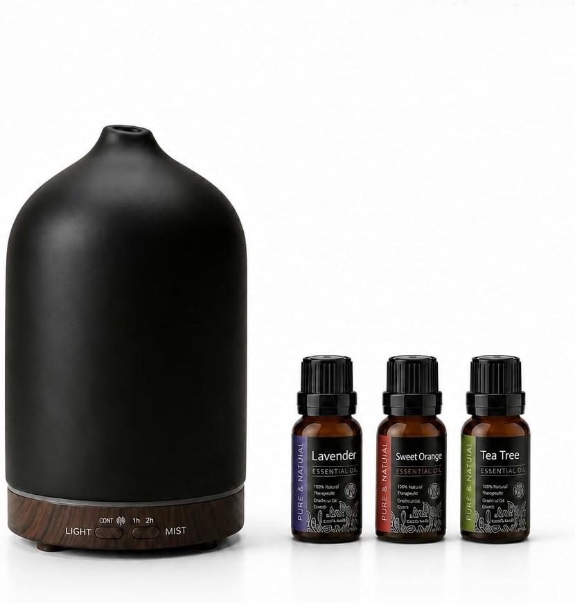 200ml Ceramic Essential Oil Diffuser with 3 Essential Oil Set, Porcelain Ultrasonic Cool Mist with7-Color LED Lights,Timer, Auto-Off Quiet Diffuser for Home Office Desk, Bedroom, Spa, Yoga Room