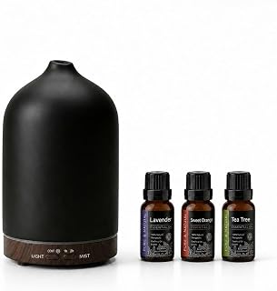 200ml Ceramic Essential Oil Diffuser with 3 Essential Oil Set, Porcelain Ultrasonic Cool Mist with7-Color LED Lights,Timer, Auto-Off Quiet Diffuser for Home Office Desk, Bedroom, Spa, Yoga Room
