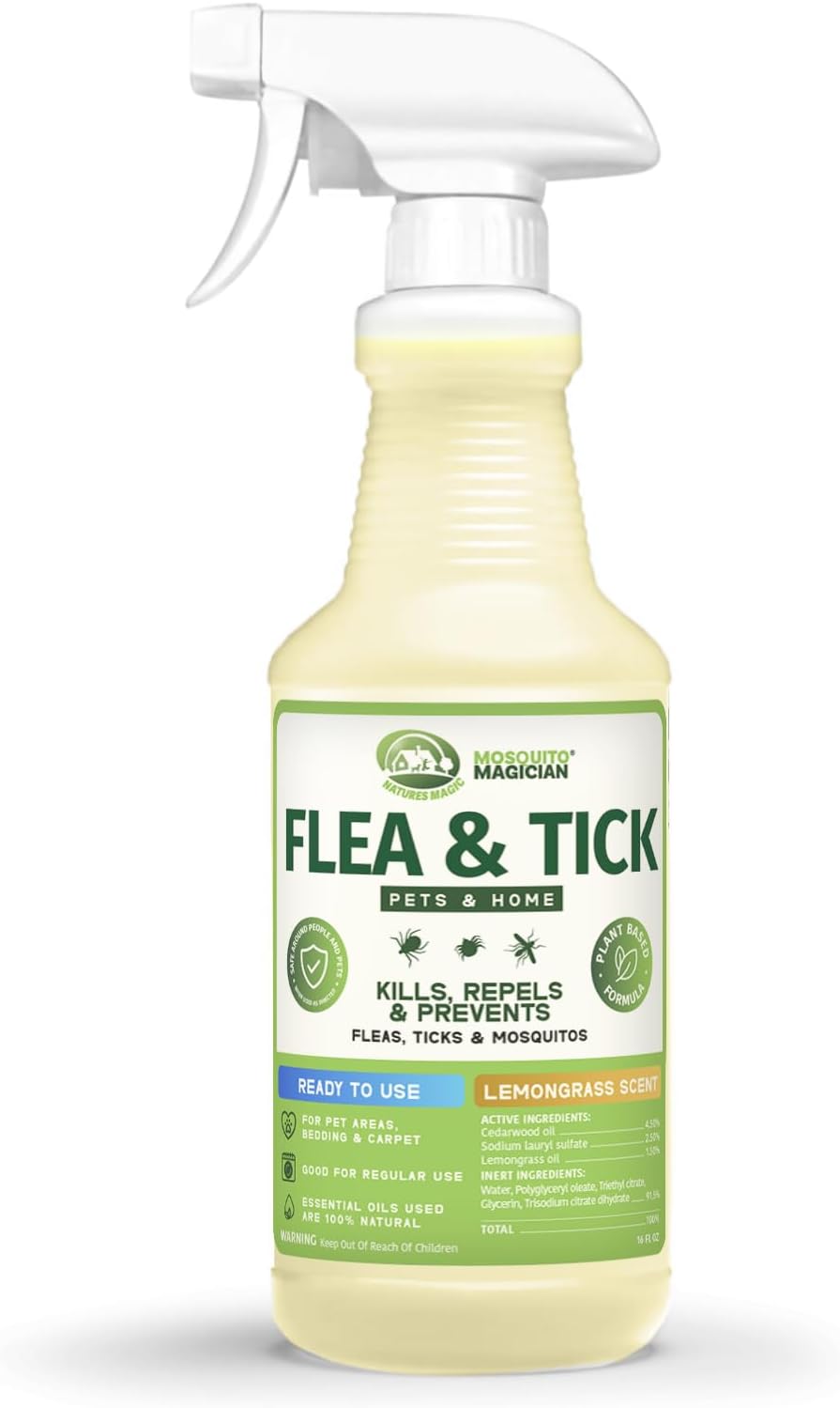 Mosquito Magician Indoor and Outdoor Spray (16 OZ) - Flea and Tick Spray - Use for Carpet, Furniture, Bedding, Couches & Pets – Plant-Sourced with Essential Oil – Lemongrass