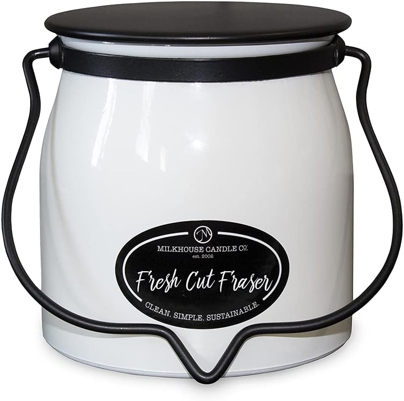 Milkhouse Candle Company Fresh Cut Fraser Soy Candle - Fraser Fir | Juniper & Sandalwood | Citrus Scented - 16 oz Butter Jar with Lid, 65+ Hour Burn Time, Made in the USA