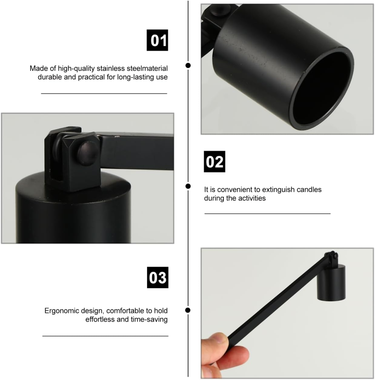 Candle Snuffer Extinguisher with Long Handle 6.69inch Stainless Steel Wick Flame Snuffer for Putting Out Wick Flame Safely, Black Candle Accessories