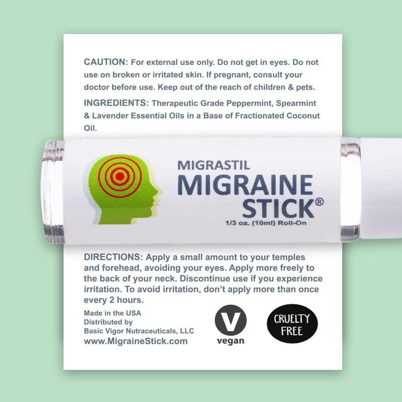 Basic Vigor Migrastil Migraine Stick Rollon - Fast Cooling Comfort for Your Head 3-Pack. Aromatherapy with Peppermint & Other Essential Oils. Metal Roller. Made in USA by Basic Vigor