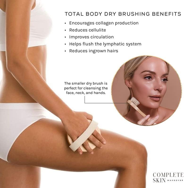 CSM Dry Brushing Body and Face Brushes for Lymphatic Drainage - Natural Boar Bristle Exfoliating Brushes with Face Brush for Cellulite, Circulation & Glowing Skin (2, Brush Set)