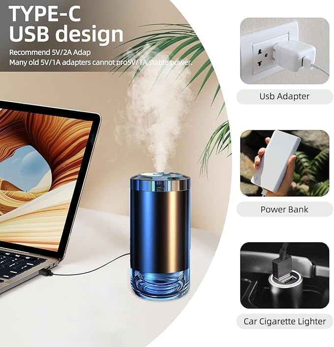 KEYSME Car Essential Oil Diffuser, Mini USB Air Humidifier, LED Light, for Vehicle Home Office