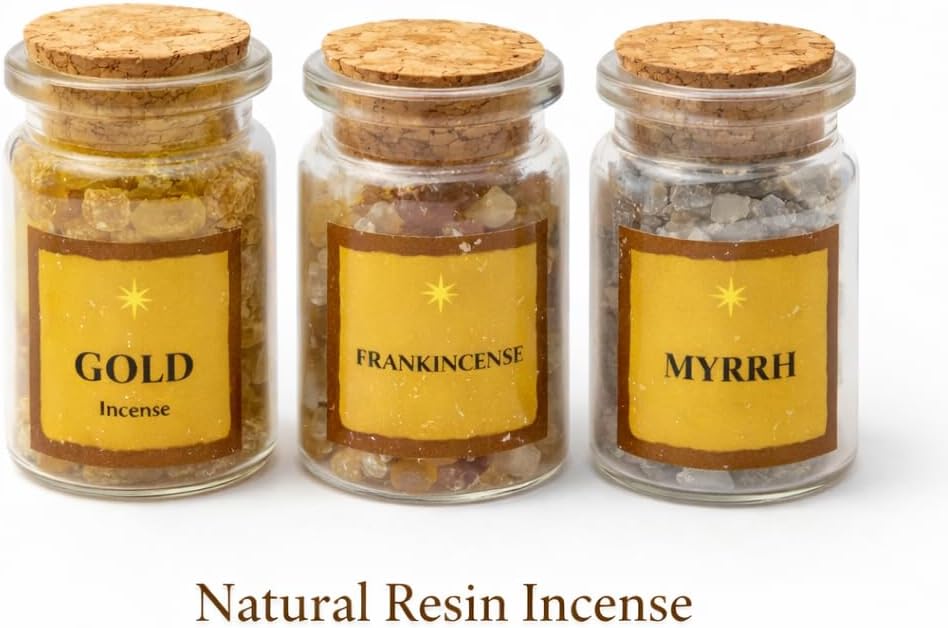 Three Kings Gifts - Gold,Frankincense and Myrrh Gift Set from Holy Land - Nativity Keepsake Set - Christian Faith Worship Display Box & Scripture Card