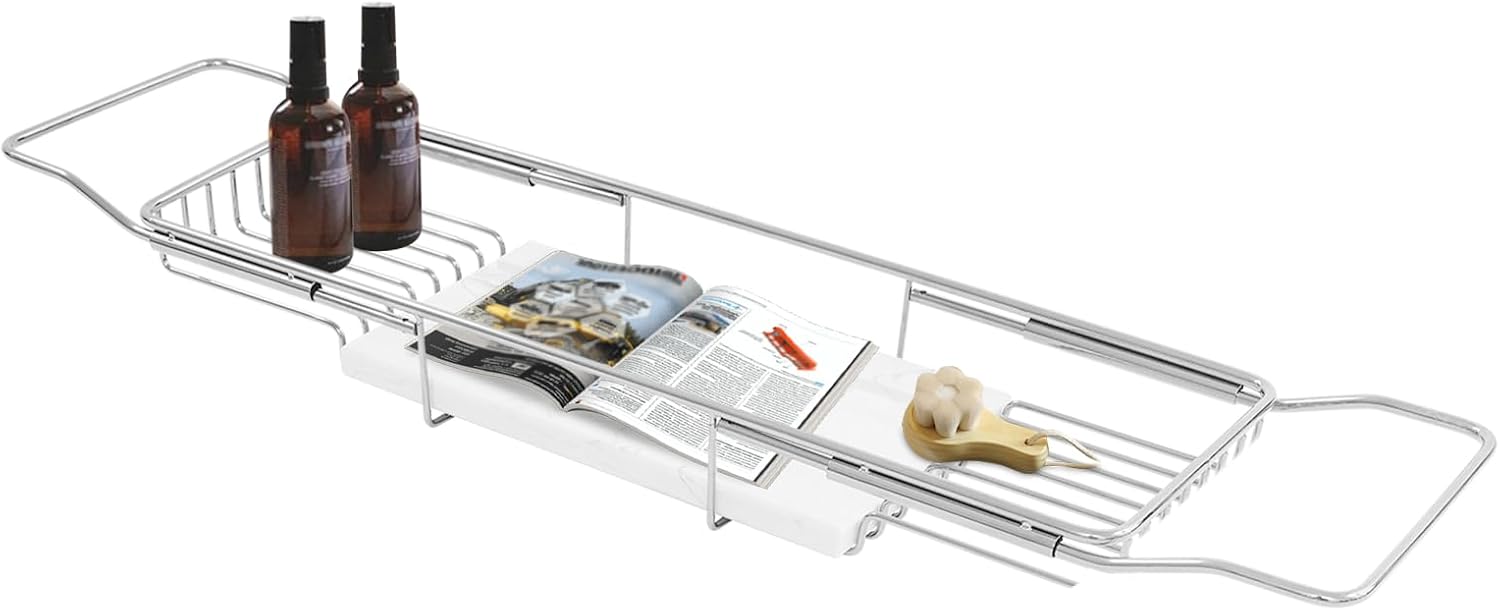 Stainless Steel Bathtub Tray with Removable Marble Board,Extendable Rectangular Bathtub Tray,Adjustable Bath Caddy Board for for Bath Bombs, Spa, Shower (Silver+White)