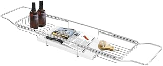 Stainless Steel Bathtub Tray with Removable Marble Board,Extendable Rectangular Bathtub Tray,Adjustable Bath Caddy Board for for Bath Bombs, Spa, Shower (Silver+White)