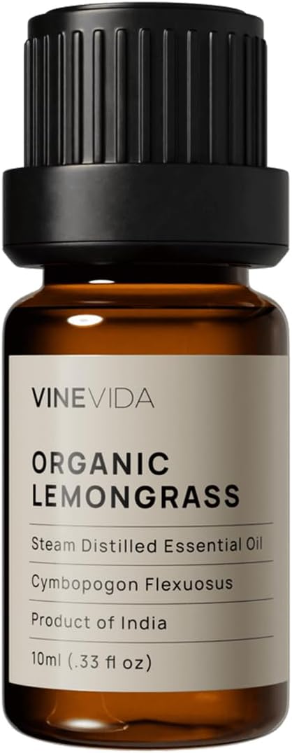 VINEVIDA Organic Lemongrass Essential Oil 10 mL - Undiluted, Pure, Vegan, Reusable Glass Bottle with Dropper