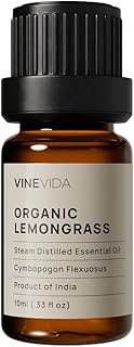 VINEVIDA Organic Lemongrass Essential Oil 10 mL - Undiluted, Pure, Vegan, Reusable Glass Bottle with Dropper