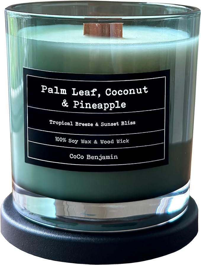 100% Soy, Highly Scented, Hand Poured Soy Candle (Palm Leaf, Coconut & Pineapple (Wooden Wick))