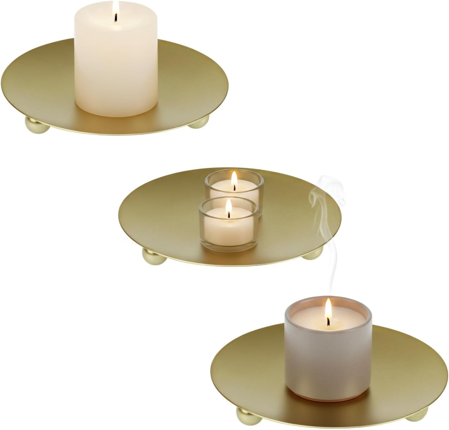 Minimalist Metal Candle Holder Plates Set of 3 – 4.7" Heat-Resistant Round Candle Base – Decorative Candle Stand for Home & Events (Gold)