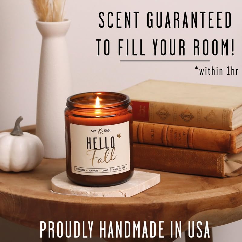 Fall Candles - 'Hello Fall Scented Candle' w/Cinnamon, Pumpkin & Fir I Infused with Essential Oils Autumn Scented Soy Candles for Home Décor, 9oz Reusable Jar, 50Hr Burn, Made in USA