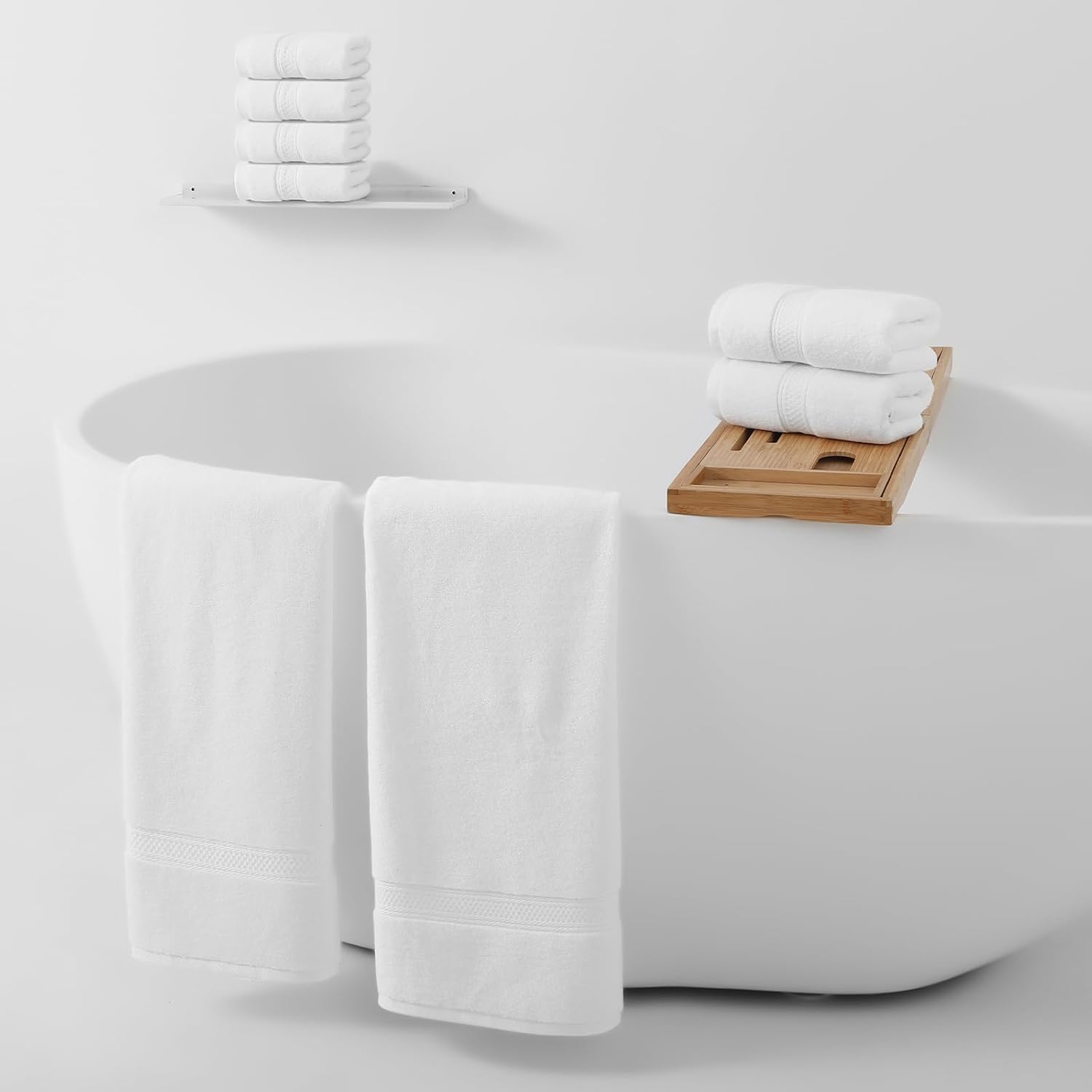 REDKISS 8 Piece Cotton Towel Sets for Bathroom - 2 Oversized Bath Sheets (35x70 in), 2 Hand, 4 Washcloth, Super Soft Quick Dry Highly Absorbent White Bath Towel Set for Home Gym Dorm Spa