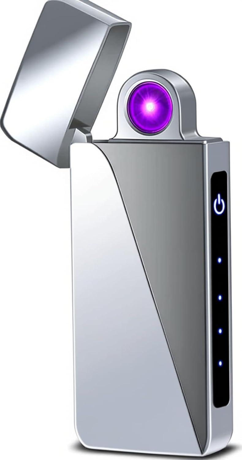 Spinning Arc Plasma Lighter - USB Rechargeable Electric Lighter with LED Display, Pocket- Size Design for Camping, Candles, Outdoor (Silver)
