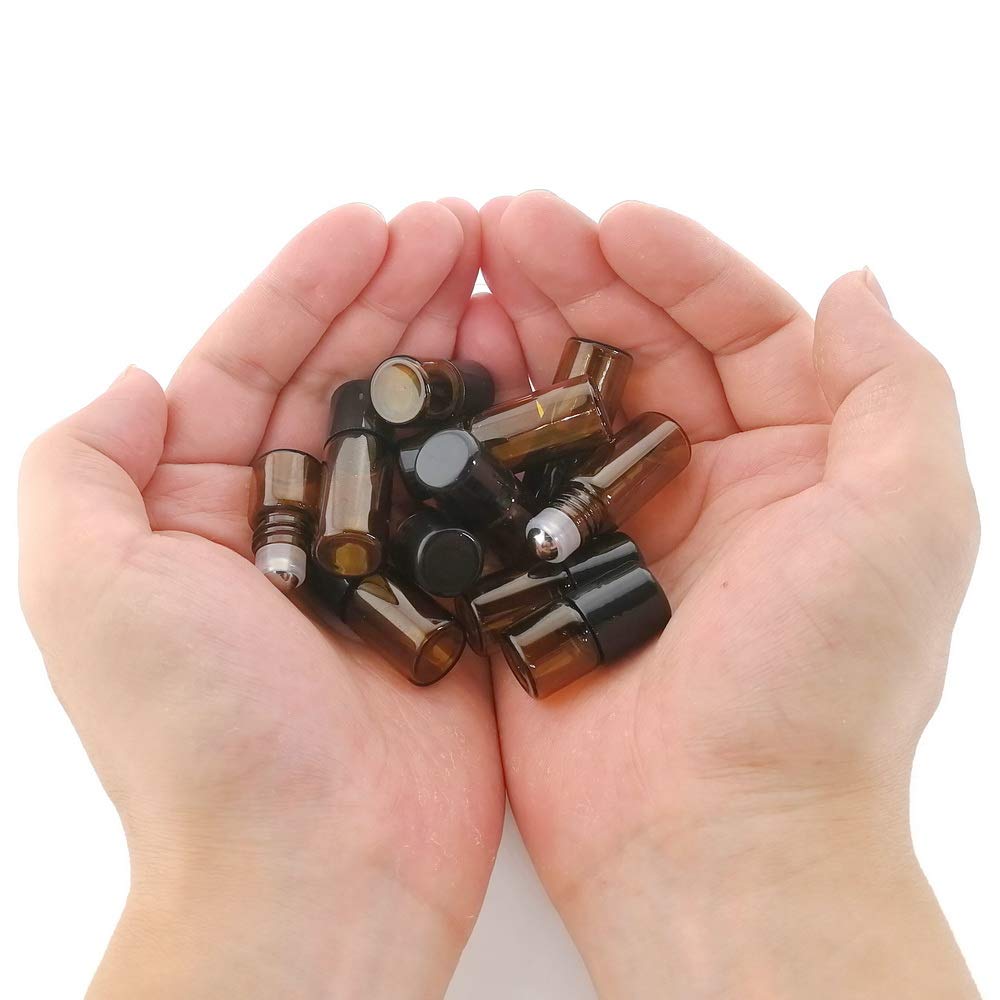 50 Pack 1ml Amber Glass Vials Roll On Bottle,Glass Roller Bottle With Stainless Steel Roller Ball,Black Cap Lid-Perfect Sample For Essential Oils,Aromatherapy,No Leak,Free Opener&Dropper