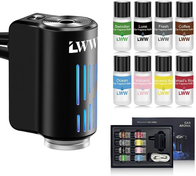 LWW Smart Car Air Freshener Diffuser, Rechargeable Car Aroma Diffuser with 3 Spray Modes & Color Light, Long Lasting Auto Scent Diffuser with 8 Essential Oils for Car Home Office, Black