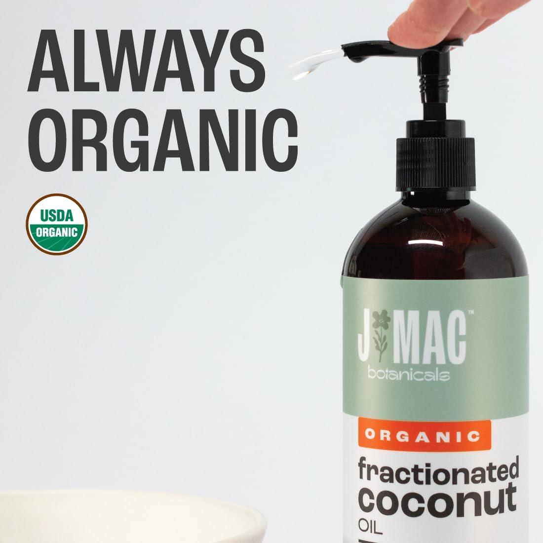 J Mac Botanicals, Organic Fractionated Coconut Oil (16 oz. with a Pump) Carrier Oil for diluting Essential Oils, Leave in Conditioner for Dry Damaged Hair, Skin, Massage