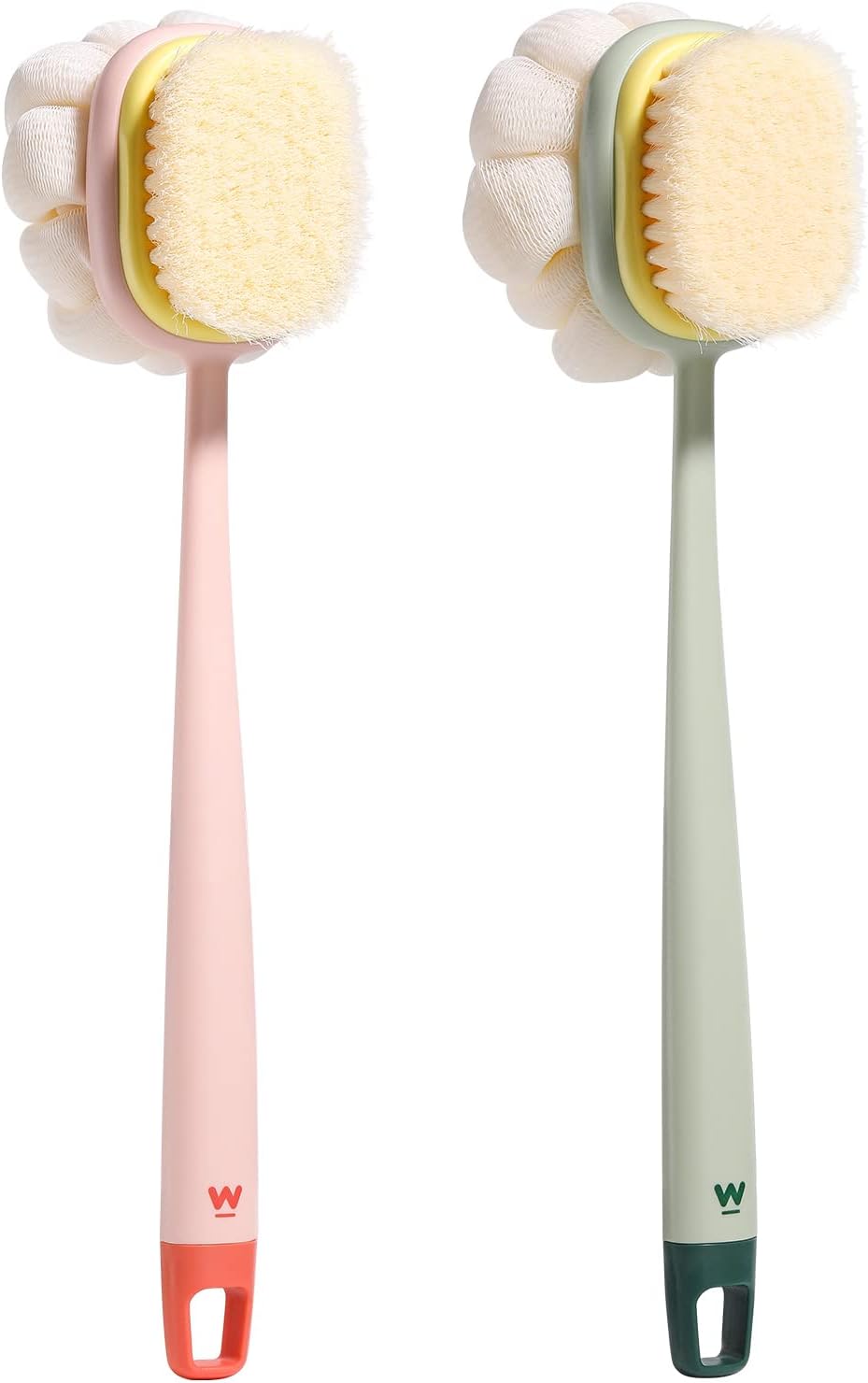 Body Shower Brush with Bristles and Loofah,Back Scrubber Bath Mesh Sponge with Long Handle for Skin Exfoliating Bath, Massage Bristles Suitable for Wet or Dry, Men and Women (Pink & Green)