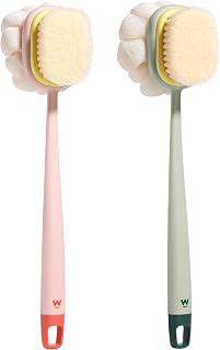 Body Shower Brush with Bristles and Loofah,Back Scrubber Bath Mesh Sponge with Long Handle for Skin Exfoliating Bath, Massage Bristles Suitable for Wet or Dry, Men and Women (Pink & Green)
