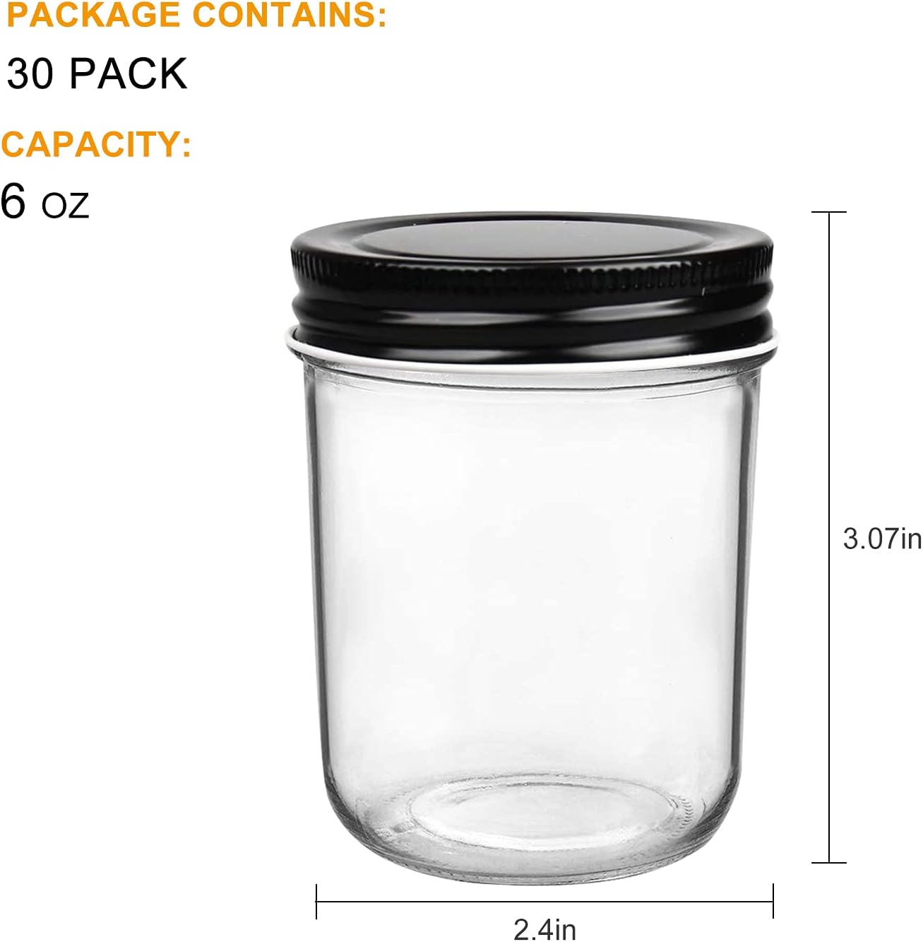 QAPPDA 6oz Glass Jars With Lids,Small Mason Jars Wide Mouth,Mini Canning Jars With Black Lids,Kitchen Storage Jars For Honey,Jam,Jelly,Baby Foods,Wedding Favor,Shower Favors,Spice Jars Set of 30