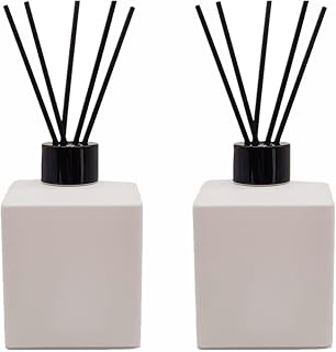2PCS 200ml Reed Glass Diffuser Set，Essential Oil Container,6.7oz Refillable Empty Glass Bottles with Sticks,Diffuser Jars for Home Oil Fragrance Matte White (200ml Square)