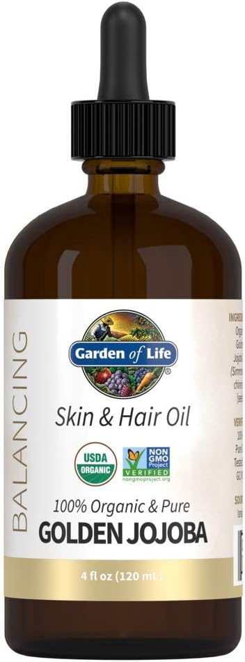 Garden of Life Jojoba Oil 100% Organic & Pure Golden Jojoba Oil for Hair, Skin and Face - Cold Pressed Body Oil, Massage, or Use as a Carrier Oil for Making Lip Balms & Body Butters, 4 fl