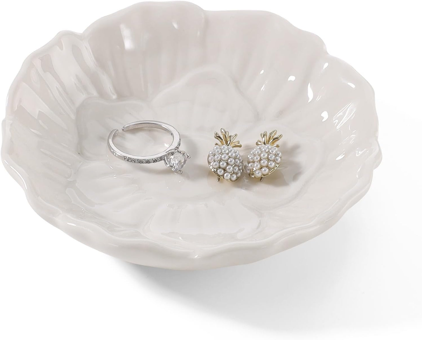 Flower Ring Dish Holder,Jewelry Dish Tray,Small Trinket Tray,Jewelry Plate Bowl,Key Bowl,Decorative Plate,Birtdhay Christmas Gifts for Women Friends,Ceramic White