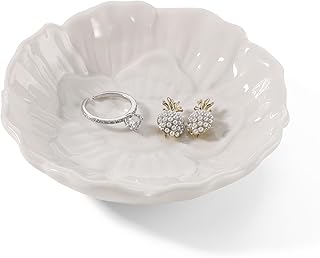 Flower Ring Dish Holder,Jewelry Dish Tray,Small Trinket Tray,Jewelry Plate Bowl,Key Bowl,Decorative Plate,Birtdhay Christmas Gifts for Women Friends,Ceramic White