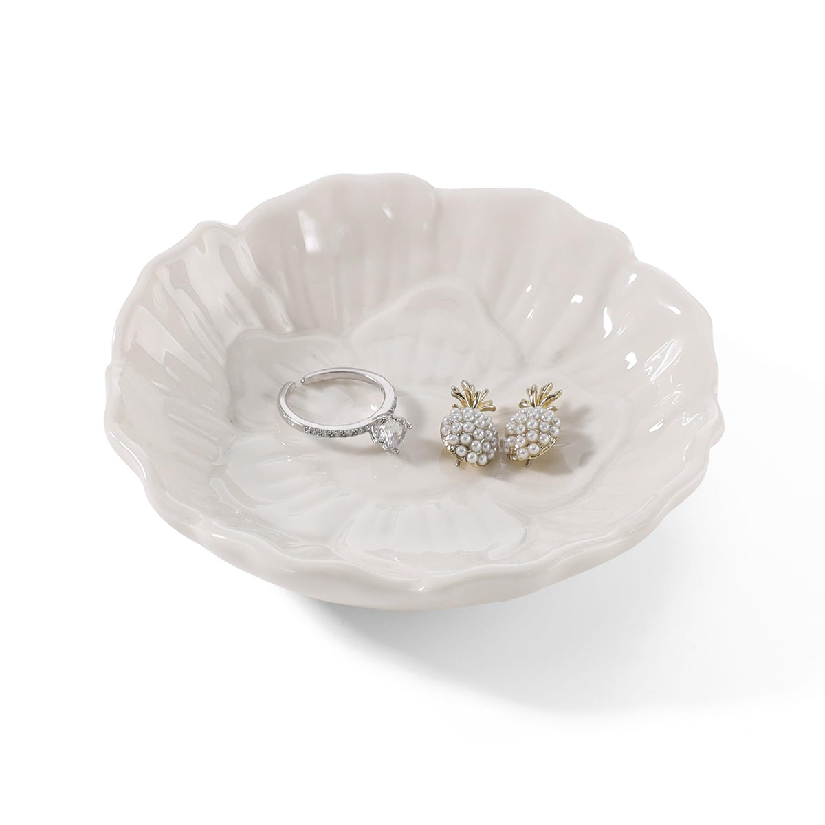 Flower Ring Dish Holder,Jewelry Dish Tray,Small Trinket Tray,Jewelry Plate Bowl,Key Bowl,Decorative Plate,Birtdhay Christmas Gifts for Women Friends,Ceramic White
