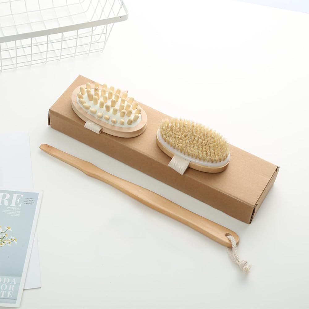 Dry Brushing Body Brush Set, Natural Boar Bristle Dry Brush, Bamboo Exfoliating Body, Face, Foot, Long Handle Back Scrubber Brush for A Glowing Skin, 5 Pack