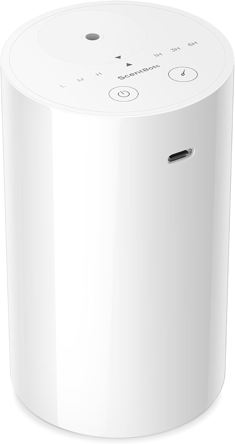Waterless Essential Oil Diffuser, Battery Operated Aromatherapy Diffuser with 20mL Capacity, Mini Portable Scent Air Machine, 3 Countdown Timers & Mist Levels for Home Room Car Office, ANZ White