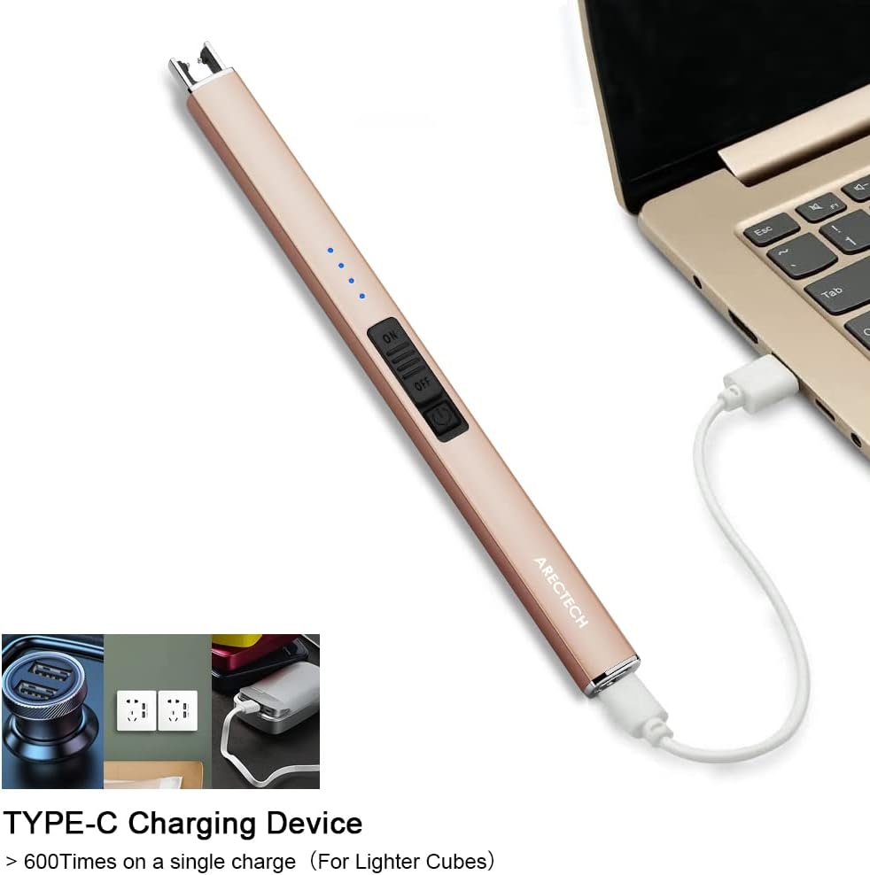 ARECTECH Electric Candle Lighter with Type-C Cable Rechargeable Plasma Arc Lighter for Candle Camping Kitchen Stove Birthday Gift for Man Women Wife Gold