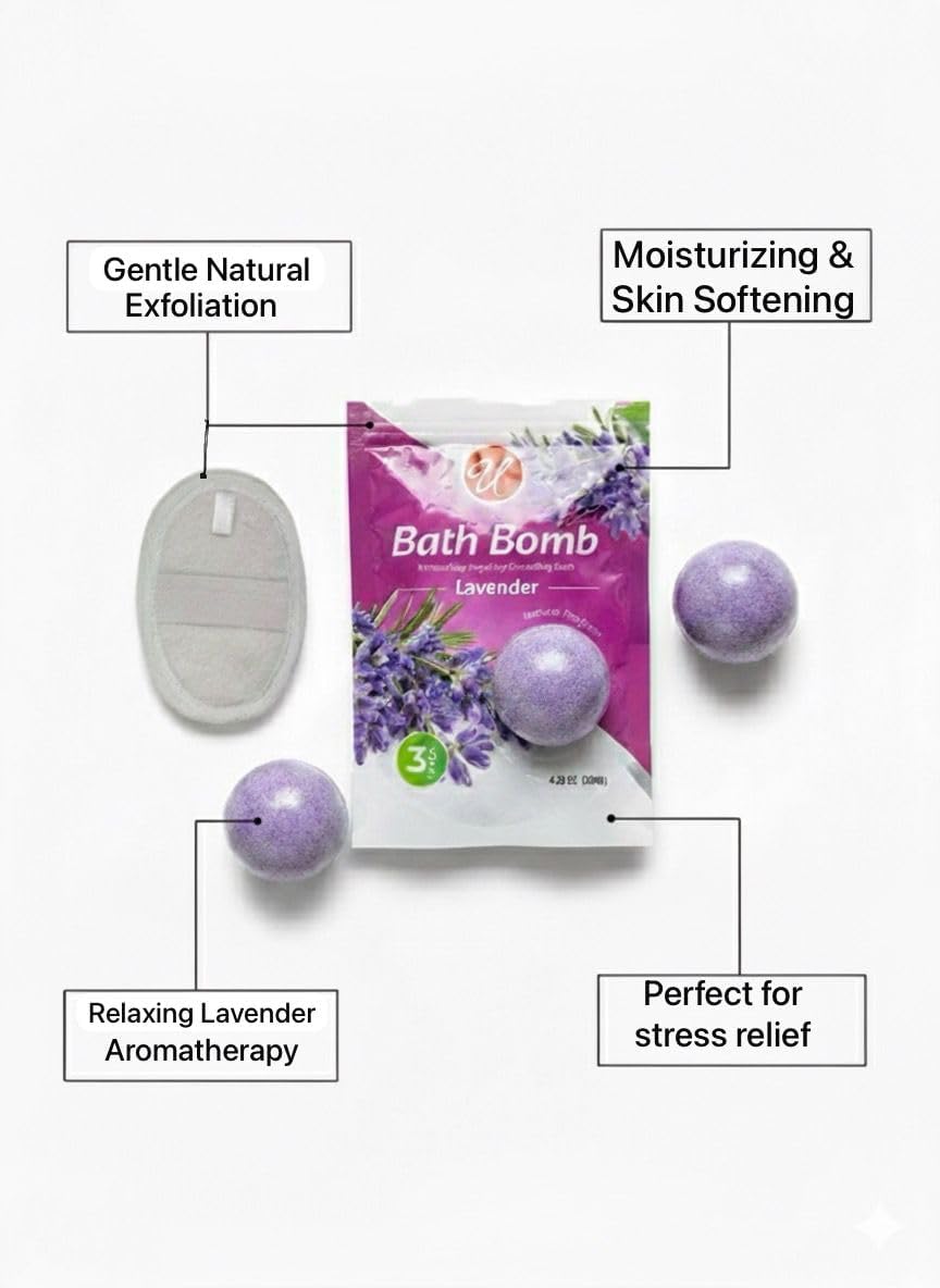 Lavender Bath Bombs 3 Pack with Exfoliating Sponge, Relaxing Aromatherapy Fizz for Men and Women, Spa Gift Set for Self Care, Skin Softening Essentials for Stress Relief and Home Bath Relaxation