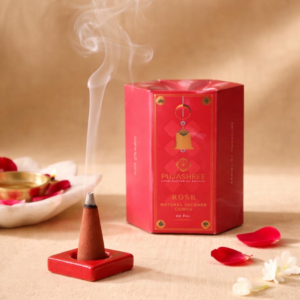 Pujashree Natural Incense Cones, Rose Dhoop Sticks, Incense Dhoop for Pooja & Meditation, Eco-Friendly, Natural Aroma Sticks, 20 min Burn Time Each, Pack of 40 Pcs (2-inch Size)