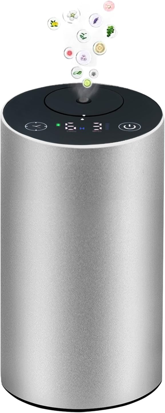Waterless Essential Oil Diffuser – Aromatherapy Scent Diffusers for Home, Office, Hotel, Bedroom – Modern and Elegant Mini Fragrance Diffuser – Cordless and Portable with Digital Display(Grey)