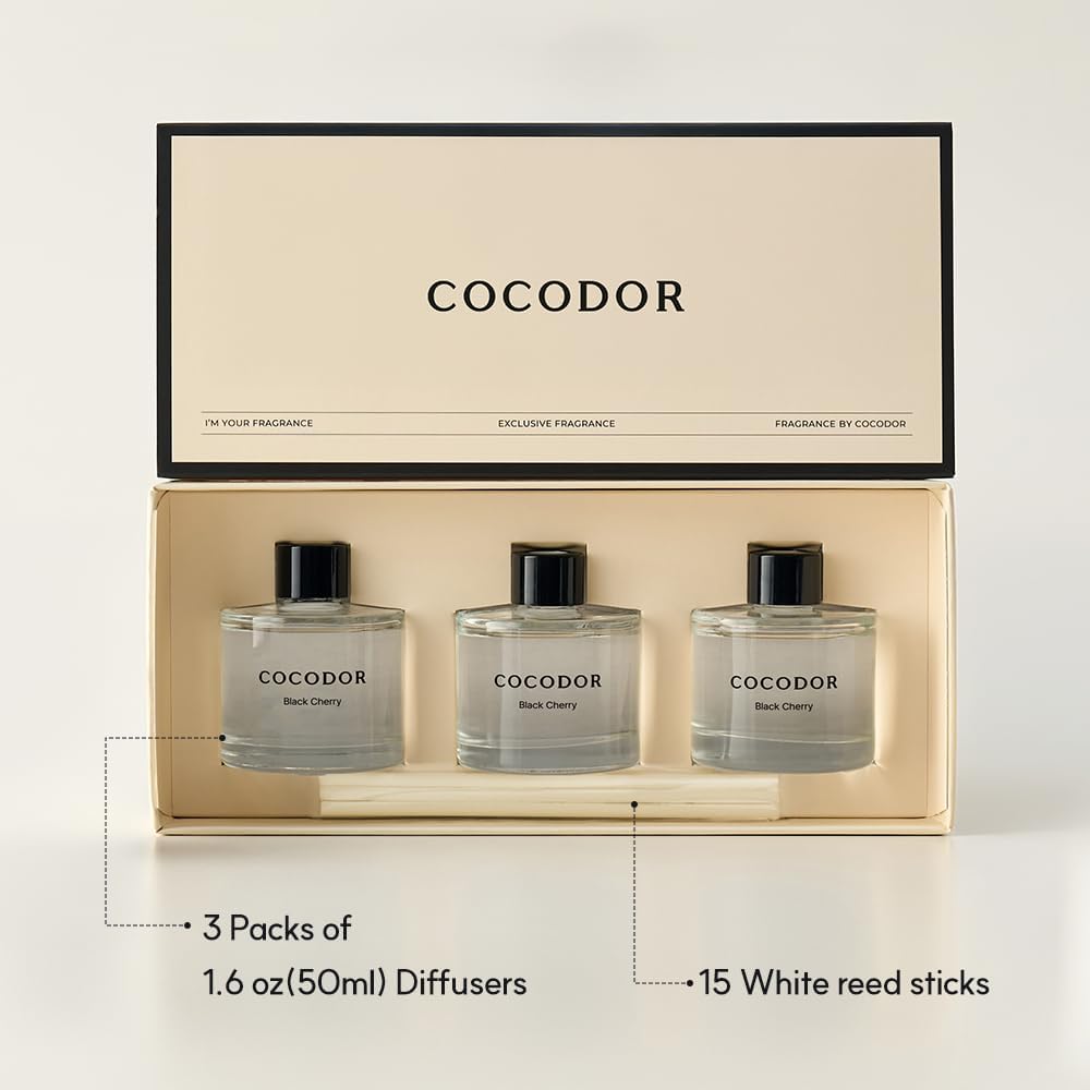 COCODOR Signature Collection Reed Diffuser Set of 3/White Jasmine,Garden Lavender,Black Cherry/1.6oz Each Pack/Home Fragrance Diffuser, Oil Scent Diffuser for Bathroom Shelf Decor